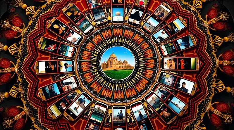 Kaleidoskopowa mandala ze smartfonów z AI grafikami, symbolizująca indyjską popularność Google Gemini.