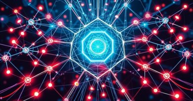 Abstrakcyjna sieć zabezpieczeń AI: połączone węzły chronią świetlisty rdzeń, futurystyczna wizja bezpieczeństwa.