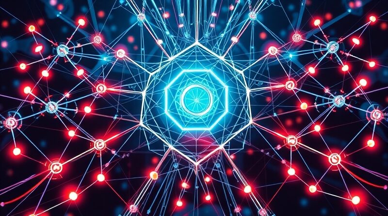 Abstrakcyjna sieć zabezpieczeń AI: połączone węzły chronią świetlisty rdzeń, futurystyczna wizja bezpieczeństwa.