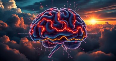 Rozpadający się, pikselowy mózg AI z binarnym kodem na tle chmur i strumieni danych symbolizuje stabilność i etyczne hakowanie.