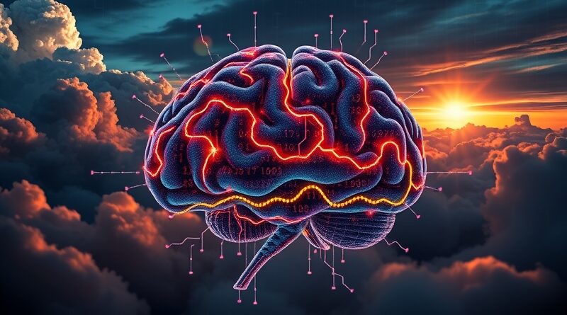 Rozpadający się, pikselowy mózg AI z binarnym kodem na tle chmur i strumieni danych symbolizuje stabilność i etyczne hakowanie.