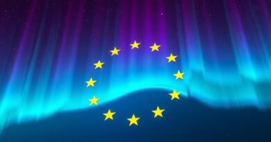 Aurora borealis w kształcie flagi UE, podkreślająca rolę danych i innowacji w przyszłości sztucznej inteligencji.