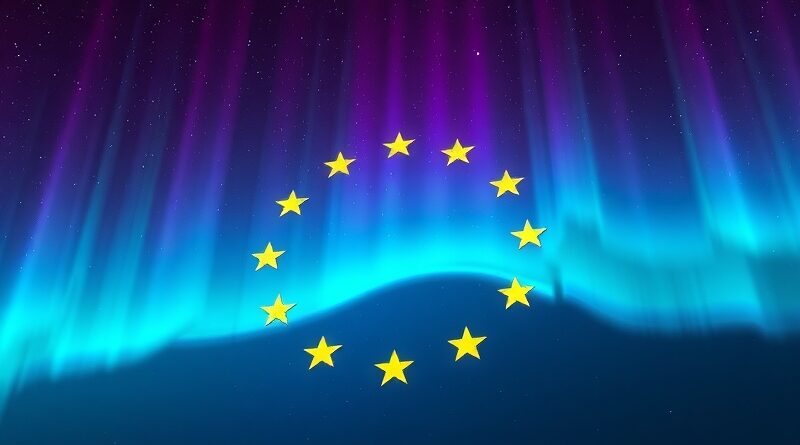 Aurora borealis w kształcie flagi UE, podkreślająca rolę danych i innowacji w przyszłości sztucznej inteligencji.