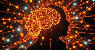 Abstrakcyjna sieć neuronowa. Sylwetka przesyła dane do AI. Prywatność i przepływ danych.