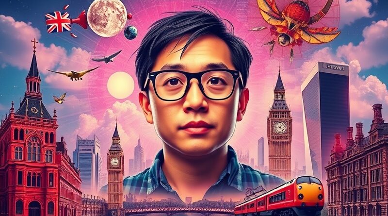 Surrealistyczny kolaż: Jensen Huang, AI Nano Banana, Londyn, serwerownie i brytyjska innowacja w sztucznej inteligencji.