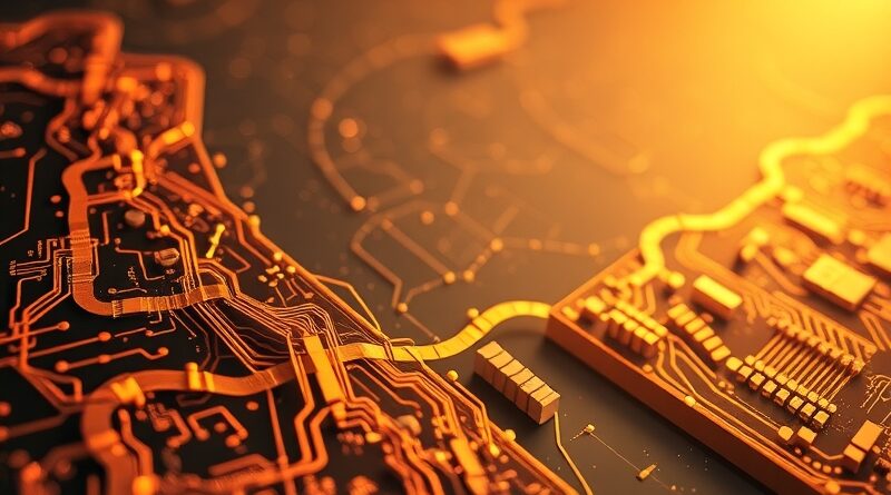 Abstrakcyjne połączenie kalifornijskiego wybrzeża z obwodami i sieciami neuronowymi, w złotym świetle. Innowacja i regulacje AI.