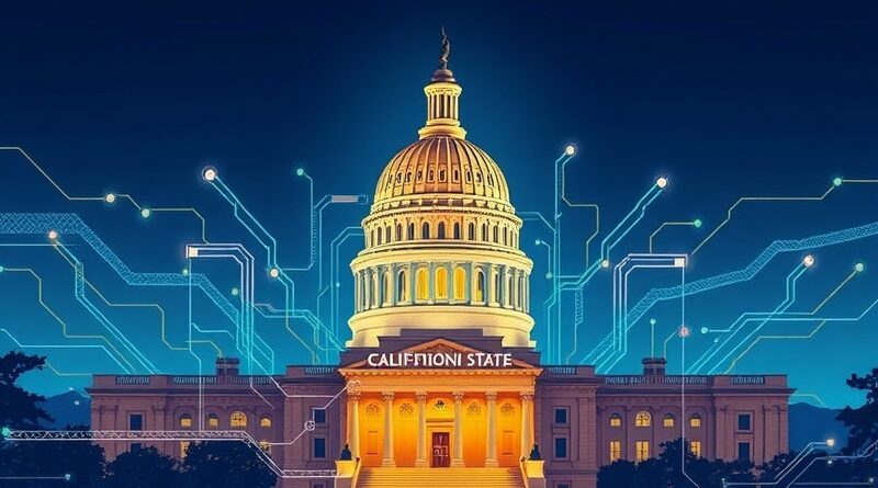 Futurystyczny Kapitol Kalifornii spleciony z neuronowymi sieciami, symbolizujący regulacje AI (SB 53).