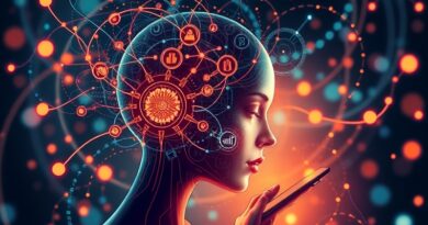 Abstrakcyjna reprezentacja AI prowadzącej badania rynku, dane krążą wokół stylizowanej głowy.