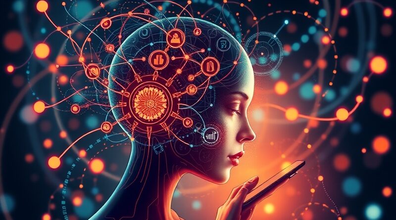 Abstrakcyjna reprezentacja AI prowadzącej badania rynku, dane krążą wokół stylizowanej głowy.