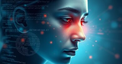 Abstrakcyjna twarz rozpuszczająca się w kod cyfrowy z falami dźwiękowymi, w chłodnej, high-tech kolorystyce.