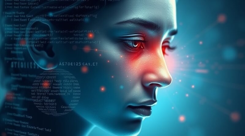 Abstrakcyjna twarz rozpuszczająca się w kod cyfrowy z falami dźwiękowymi, w chłodnej, high-tech kolorystyce.