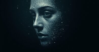 Rozpadająca się twarz z cząsteczek, symbolizująca zanikanie AI companion i niepewną przyszłość branży.