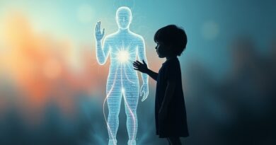 Sylwetka dziecka wyciąga rękę do świetlistej postaci AI na tle barwnej, niepokojącej tonacji.