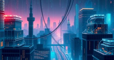 [ "Surreal miasto przyszłości, kod splata się z architekturą, symbolizując AI w programowaniu." ]