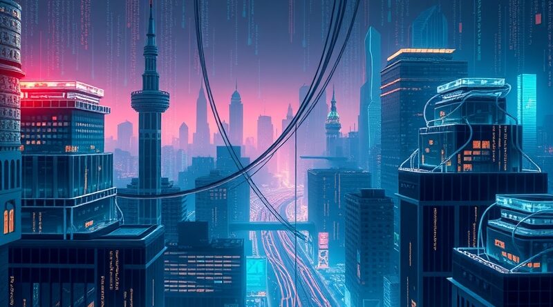 [ "Surreal miasto przyszłości, kod splata się z architekturą, symbolizując AI w programowaniu." ]