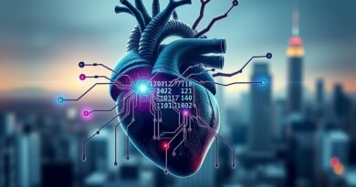 [ "Serce splecione z obwodami, binarny kod, futurystyczny krajobraz; AI w medycynie, cyberpunk." ]