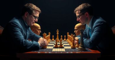 Elon Musk i Mark Zuckerberg grają w szachy; strategiczne starcie w Dolinie Krzemowej.