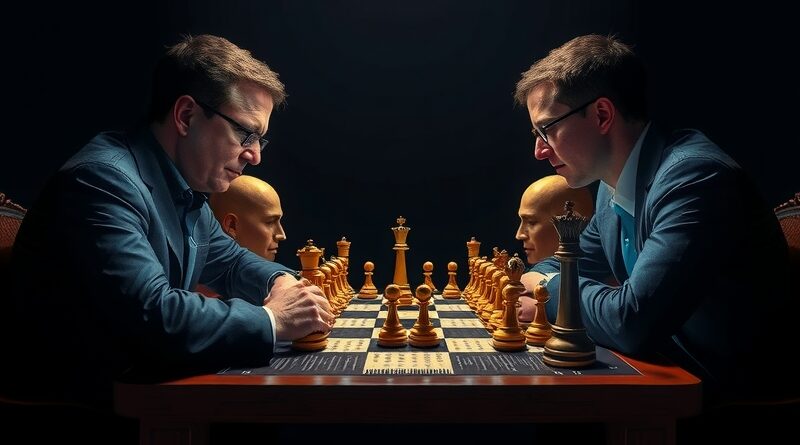Elon Musk i Mark Zuckerberg grają w szachy; strategiczne starcie w Dolinie Krzemowej.