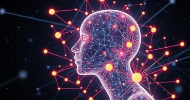 Abstrakcyjne przedstawienie oceny AI: sieci danych, świetliste orbity, interakcja człowieka i sztucznej inteligencji na tle gwiazd.