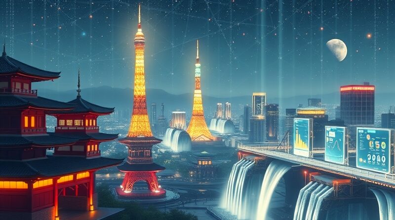 Futurystyczny Tokio: połączenie tradycji i AI, wizualizacja automatyzacji procesów biznesowych LayerX.