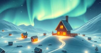 Świecące miniaturowe nordyckie domki niczym europejskie startupy na tle cyfrowego krajobrazu zorzy polarnej, symbol Lovable.