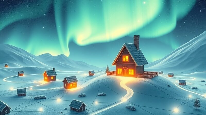 Świecące miniaturowe nordyckie domki niczym europejskie startupy na tle cyfrowego krajobrazu zorzy polarnej, symbol Lovable.