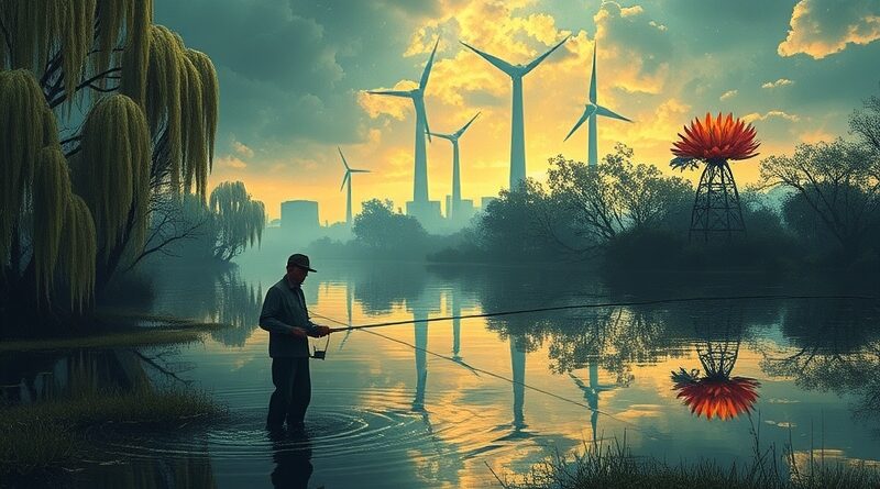 Surrealistyczny pejzaż Luizjany: wierzby-serwery, turbiny-kwiaty, rybak w cyfrowym bajorze.