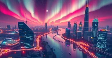 Futurystyczne miasto z połączonych węzłów, symbolizujące narzędzia frontendowe, pod zorzą polarną.