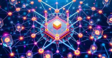 Krystaliczna sieć z neuralnymi ścieżkami symbolizuje MCP Registry, federacyjny hub AI dla przedsiębiorstw.