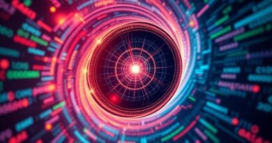 Abstrakcyjne strumienie danych zbiegające się w świetlistym punkcie, symbolizujące analizę kodu przez AI Macroscope.