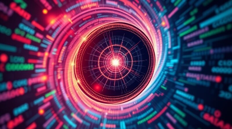 Abstrakcyjne strumienie danych zbiegające się w świetlistym punkcie, symbolizujące analizę kodu przez AI Macroscope.