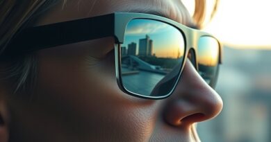 Osoba w inteligentnych okularach, w których odbija się transformacja miasta w naturę.