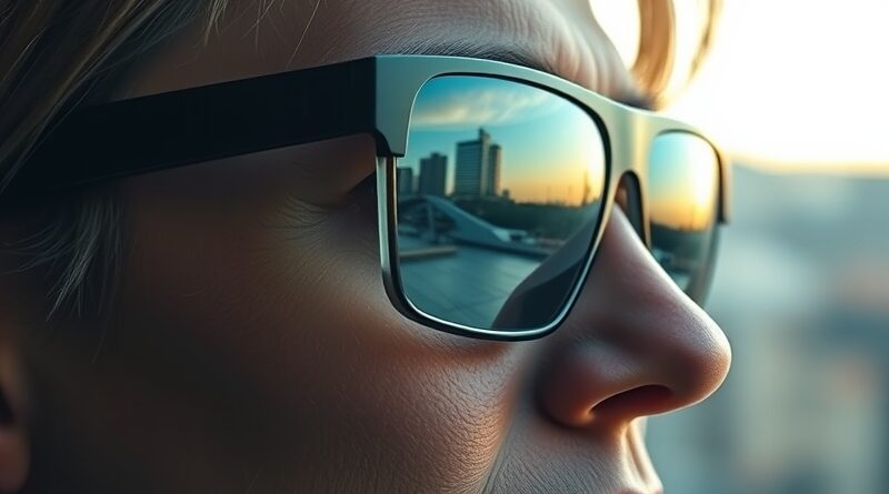 Osoba w inteligentnych okularach, w których odbija się transformacja miasta w naturę.