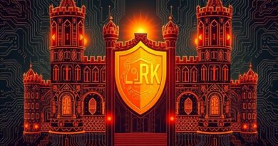 Cyfrowa forteca z sieci neuronowych chroni symbol marki, AI strzeże praw własności intelektualnej. Styl Art Nouveau.