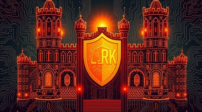 Cyfrowa forteca z sieci neuronowych chroni symbol marki, AI strzeże praw własności intelektualnej. Styl Art Nouveau.