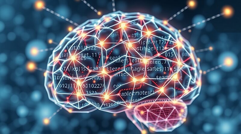 Abstrakcyjna wizja mózgu AI, sieć neuronowa, kryształowa architektura danych, fragmenty kodu SQL.