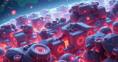 Fragmenty 3D świata sklejane przez roje nanobotów zarchitekturą Transformer, symbol Meta AI MapAnything.