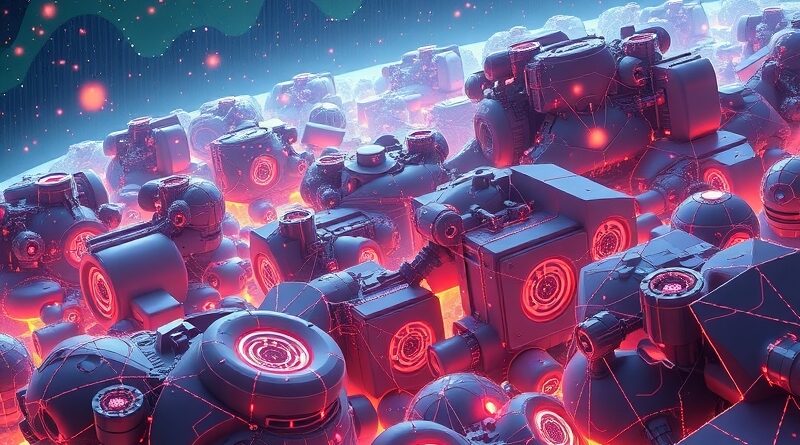 Fragmenty 3D świata sklejane przez roje nanobotów zarchitekturą Transformer, symbol Meta AI MapAnything.