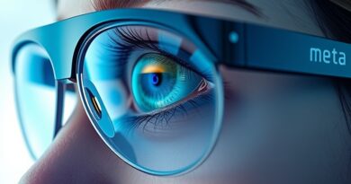 Kryształowe oko w futurystycznych okularach odbija kod, logo Meta i krajobrazy VR.