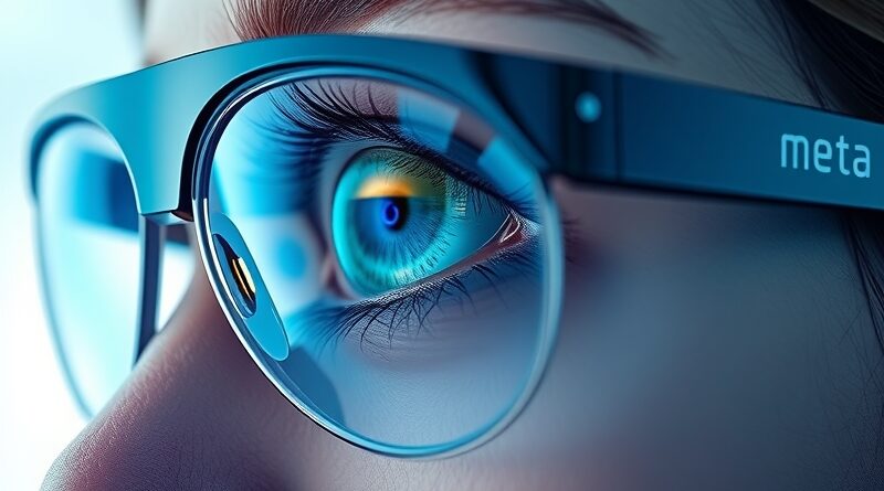 Kryształowe oko w futurystycznych okularach odbija kod, logo Meta i krajobrazy VR.