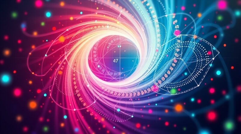 Wirujące feerie barw, cyfrowa energia kreacji wideo AI, z subtelnymi ikonami mediów społecznościowych.