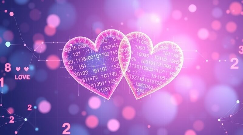 Miłość generowana przez AI: cyfrowe serca splecione z kodem binarnym, pastelowe kolory.