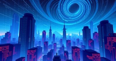 Olbrzymie miasto obwodów drukowanych, przytłaczające legislatorów. Wirujący kod binarny symbolizuje potęgę AI i walkę o regulacje.