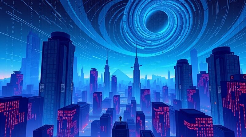 Olbrzymie miasto obwodów drukowanych, przytłaczające legislatorów. Wirujący kod binarny symbolizuje potęgę AI i walkę o regulacje.