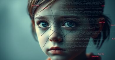 Rozfragmentowana twarz dziecka, zasłonięta kodem i glitchami, symbolizuje zagrożenia związane z AI.