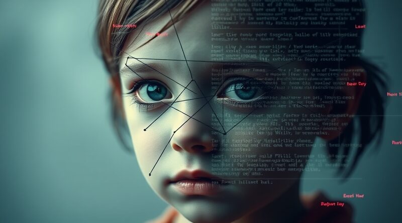 Rozfragmentowana twarz dziecka, zasłonięta kodem i glitchami, symbolizuje zagrożenia związane z AI.