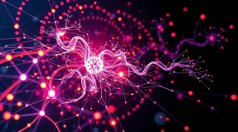 Abstrakcyjna wizualizacja sieci neuronowej REFRAG: szybkie, precyzyjne połączenia, strumienie danych, ciemne tło.