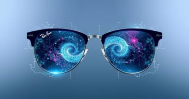 Futurystyczne okulary Ray-Ban z nebulami zamiast soczewek, symbol AI i neuro-sterowania Meta.