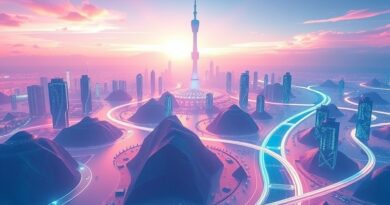 Abstrakcyjna ilustracja: rzeka danych AI oświetla futurystyczne miasto z wieżami Micro1, Mercor i Surge.