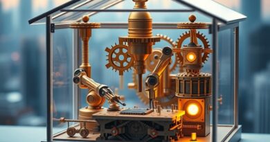 Steampunkowa miniatura fabryki w psiej budzie, złożona z mosiężnych przekładni i ramion robotycznych. Mikrofabryka.